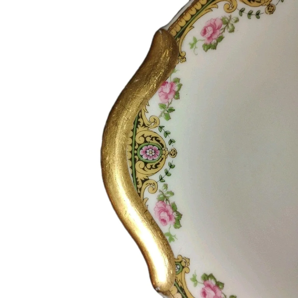 Antique U.C. Limoges Oval Bowl Serving Gilded Yellow Pink Floral Trim 2 handled‎